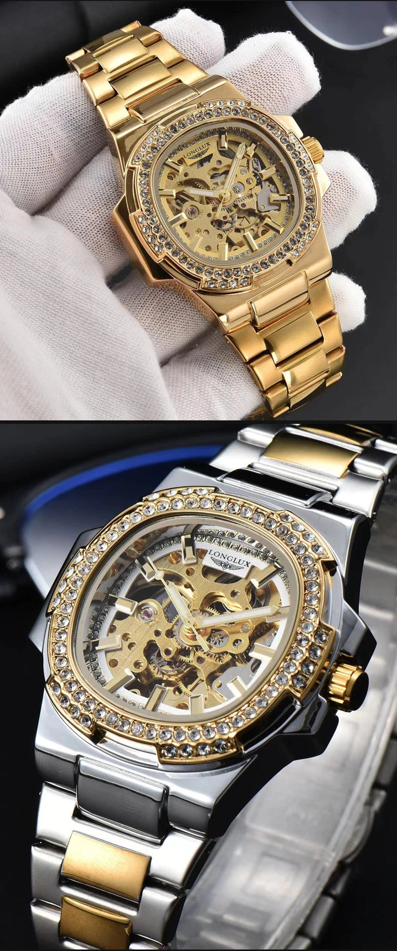 LONGLUX Luxury Skeleton Automatic Watch for Men — Diamond Dial, Stainless Steel, Waterproof - - Watches
