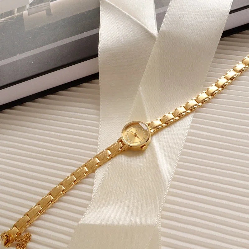 Women's Vintage Quartz Wristwatch — Gold & Silver Mesh Bracelet Band, Small Round Dial - - Watches