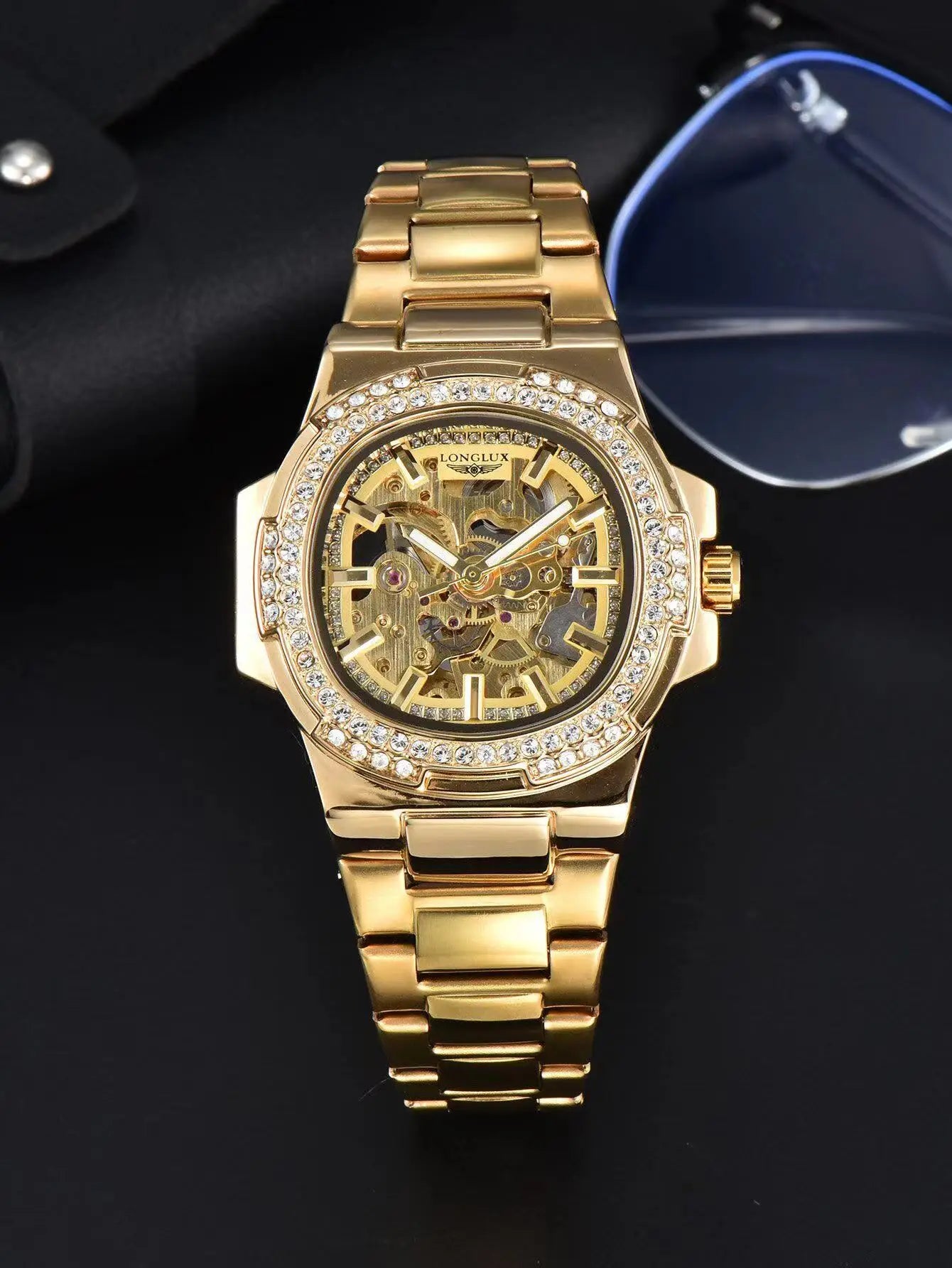 LONGLUX Luxury Skeleton Automatic Watch for Men — Diamond Dial, Stainless Steel, Waterproof - 8057ZK Golden - Watches