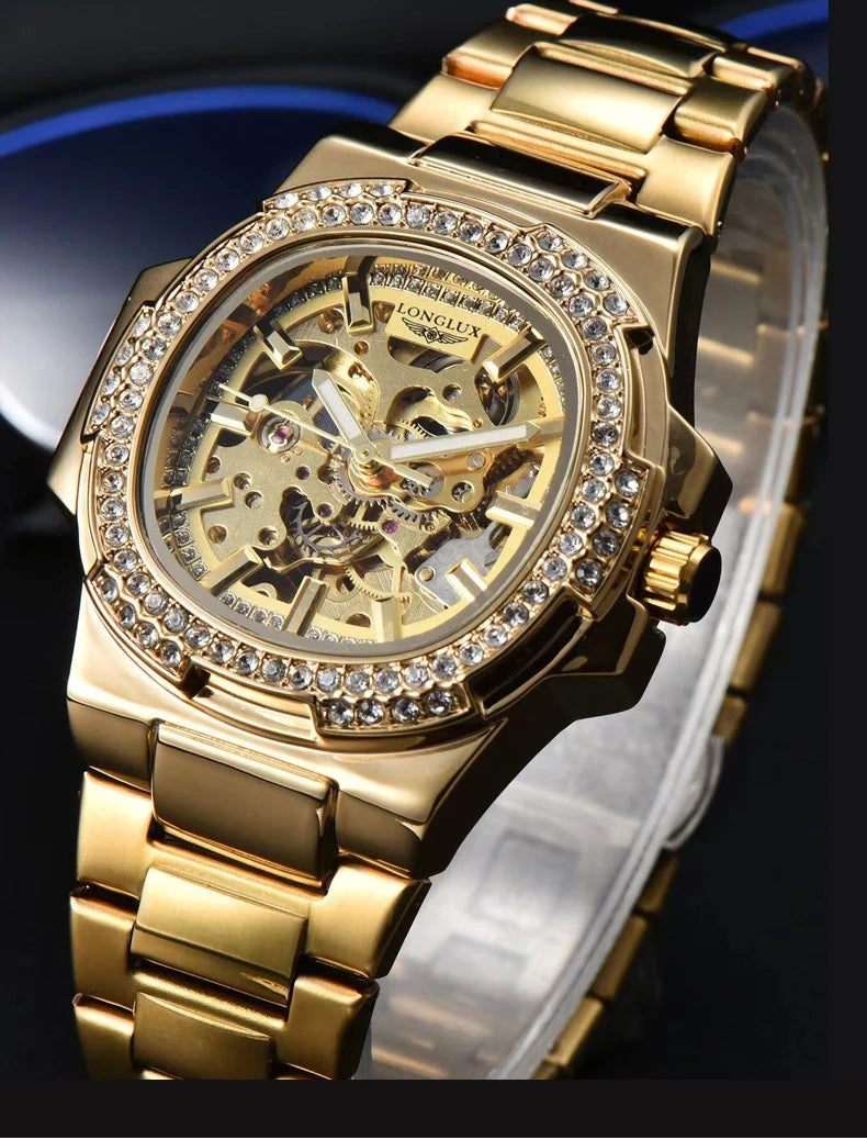 LONGLUX Luxury Skeleton Automatic Watch for Men — Diamond Dial, Stainless Steel, Waterproof - - Watches