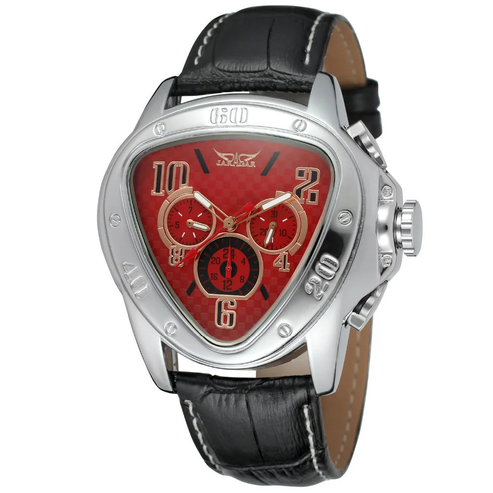 JARAGAR 951 Automatic Mechanical Watch for Men — Leather Strap, Three-Hand, Waterproof - red - Watches