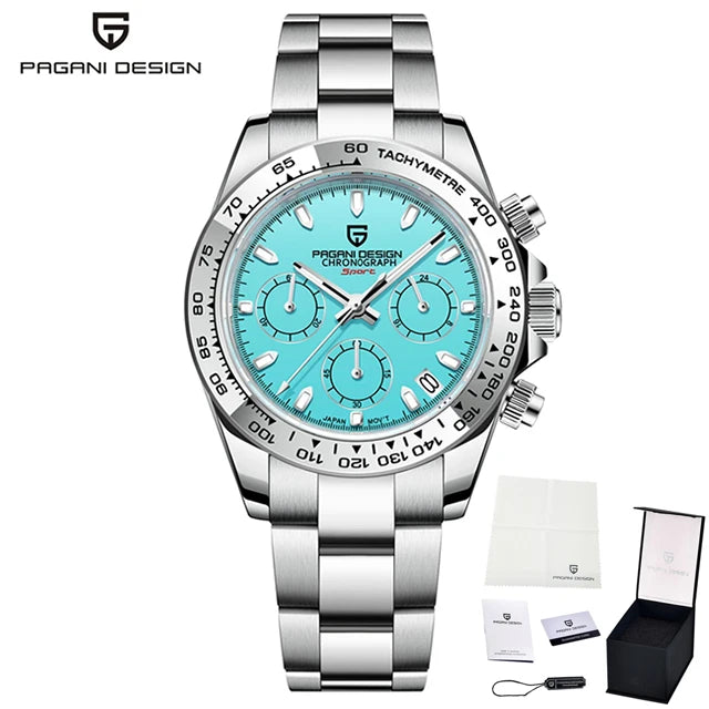 PAGANI DESIGN VK63 Luxury Chronograph Men's Watch — Sapphire Glass, Stainless Steel Bezel - sky blue - Watches
