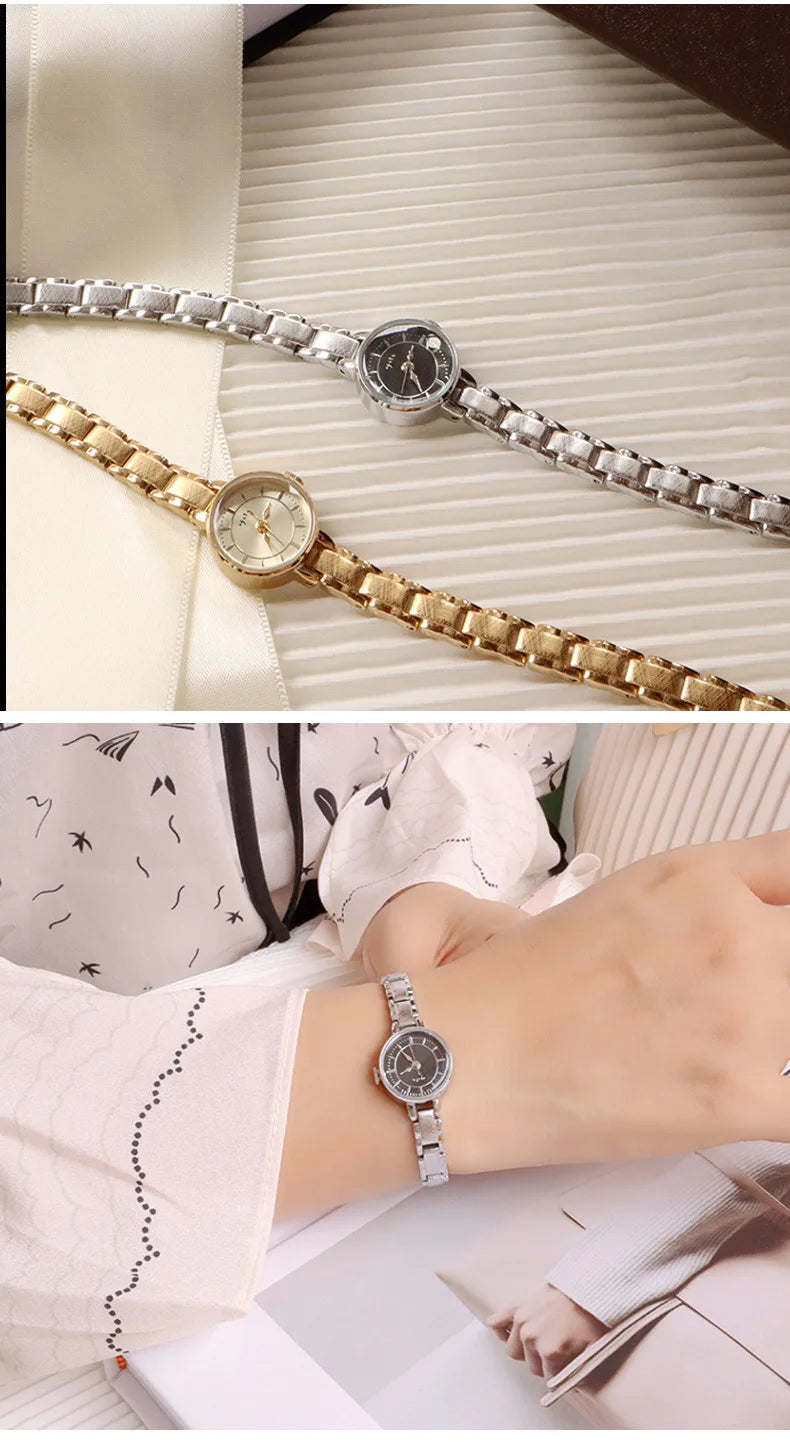 Women's Vintage Quartz Wristwatch — Gold & Silver Mesh Bracelet Band, Small Round Dial - - Watches