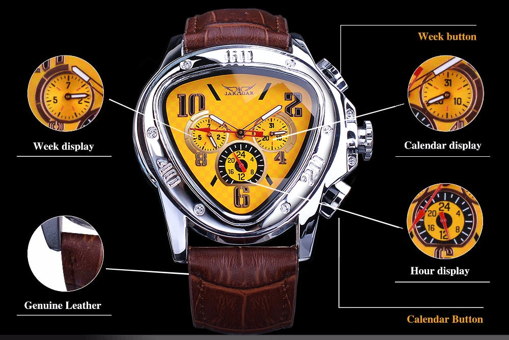 JARAGAR 951 Automatic Mechanical Watch for Men — Leather Strap, Three-Hand, Waterproof - - Watches