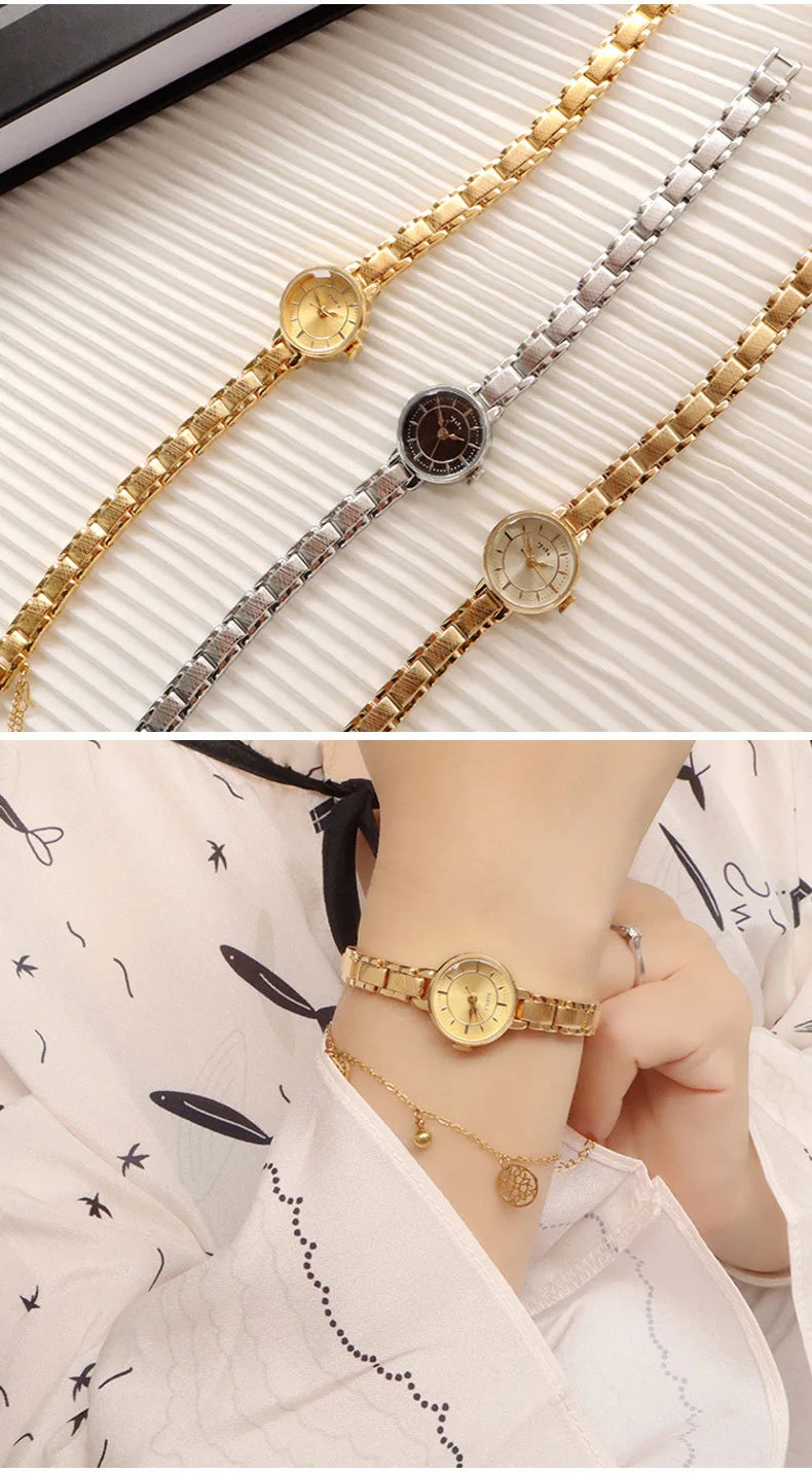 Women's Vintage Quartz Wristwatch — Gold & Silver Mesh Bracelet Band, Small Round Dial - - Watches
