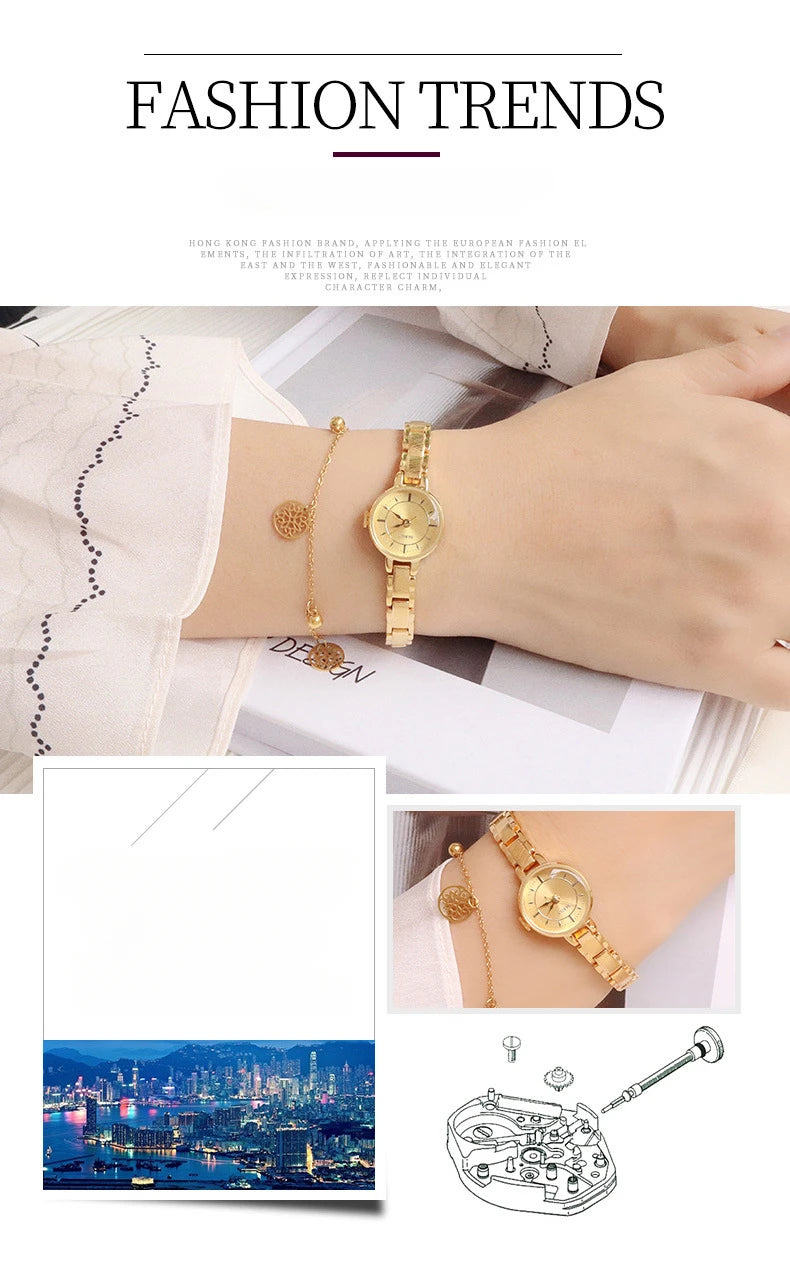 Women's Vintage Quartz Wristwatch — Gold & Silver Mesh Bracelet Band, Small Round Dial - - Watches