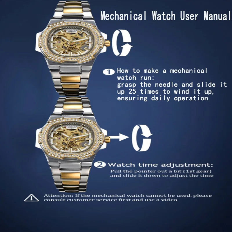 LONGLUX Luxury Skeleton Automatic Watch for Men — Diamond Dial, Stainless Steel, Waterproof - - Watches