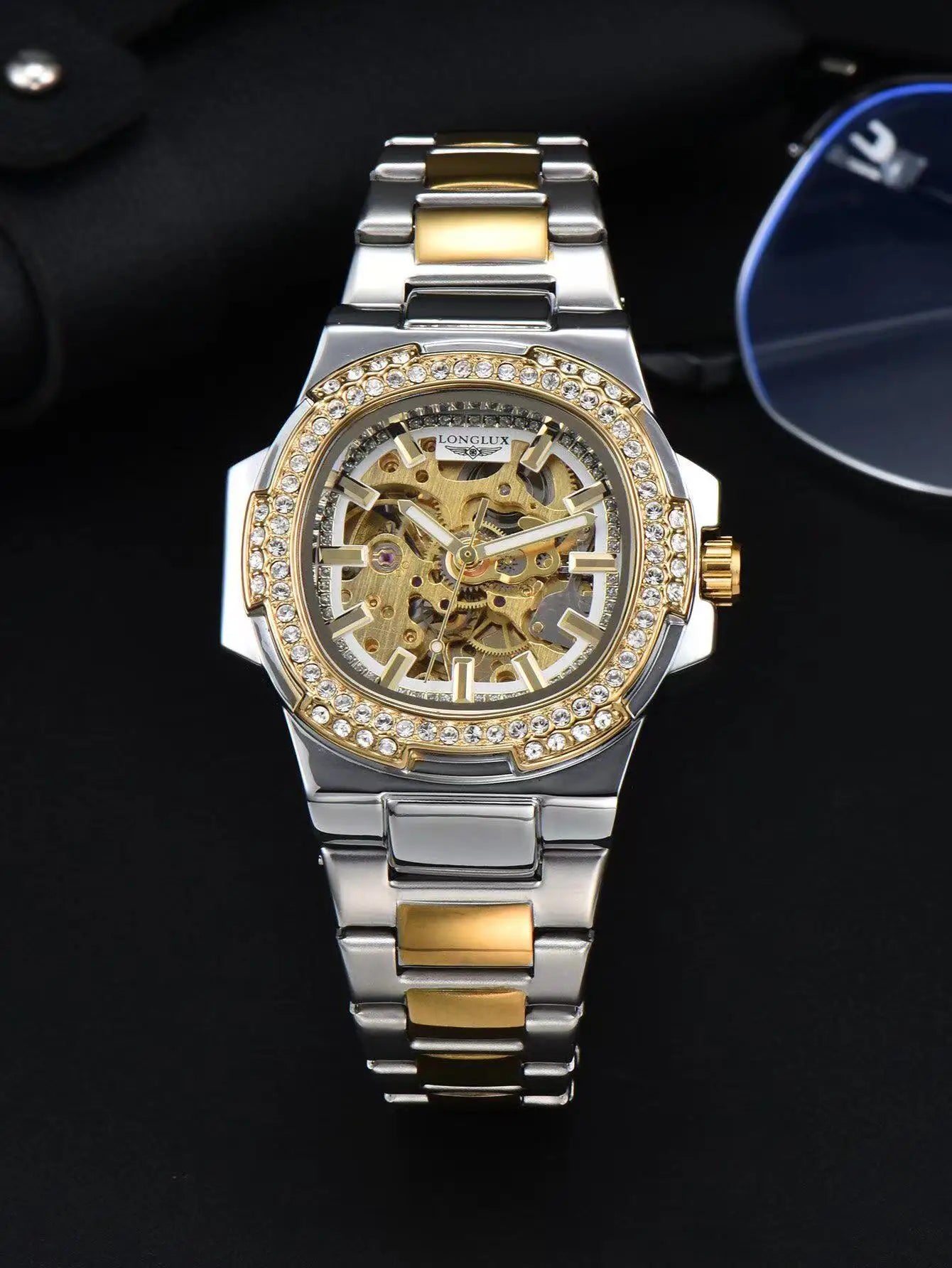 LONGLUX Luxury Skeleton Automatic Watch for Men — Diamond Dial, Stainless Steel, Waterproof - 8057ZK Golden white - Watches