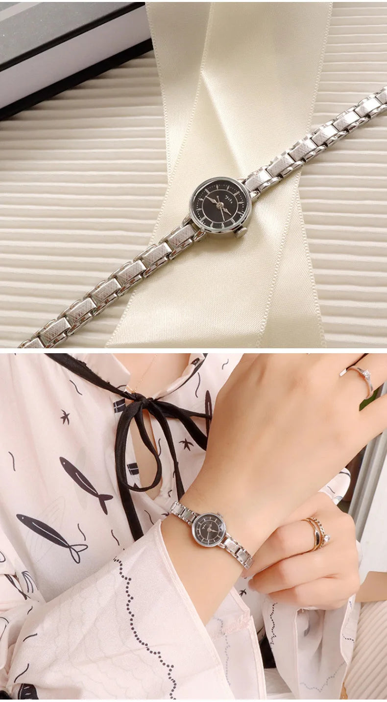 Women's Vintage Quartz Wristwatch — Gold & Silver Mesh Bracelet Band, Small Round Dial - - Watches