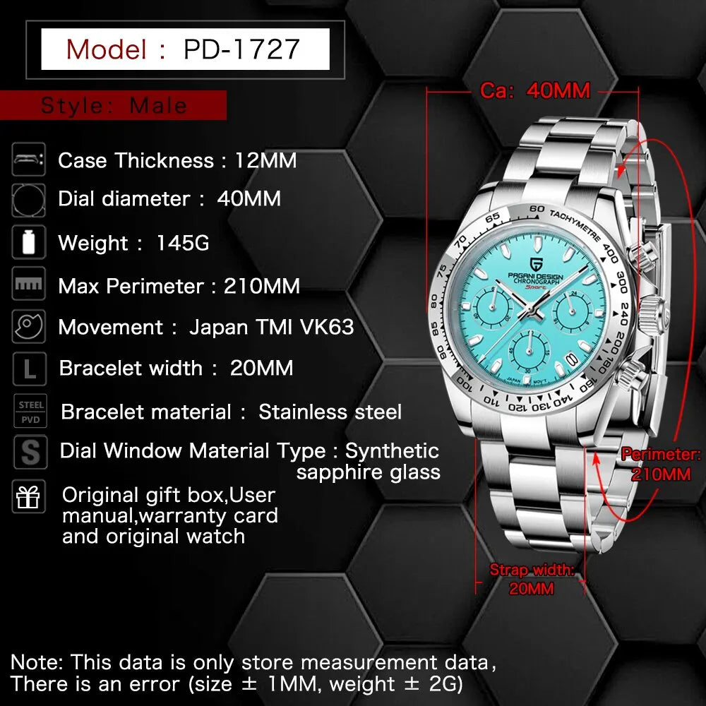 PAGANI DESIGN VK63 Luxury Chronograph Men's Watch — Sapphire Glass, Stainless Steel Bezel - - Watches