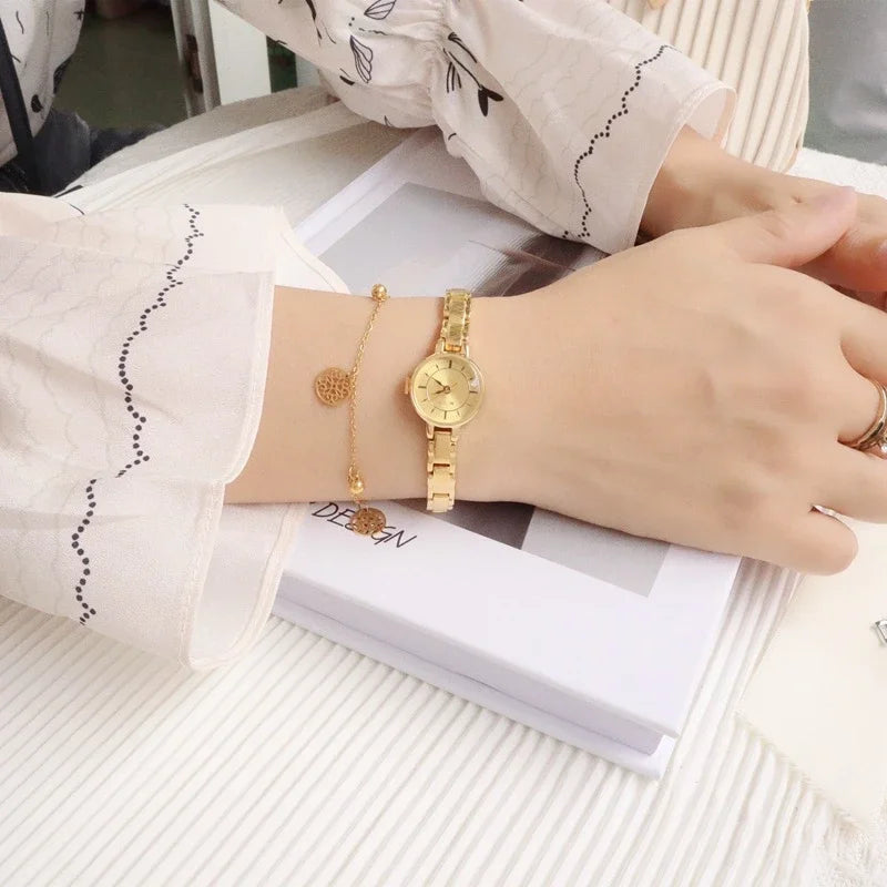 Women's Vintage Quartz Wristwatch — Gold & Silver Mesh Bracelet Band, Small Round Dial - - Watches