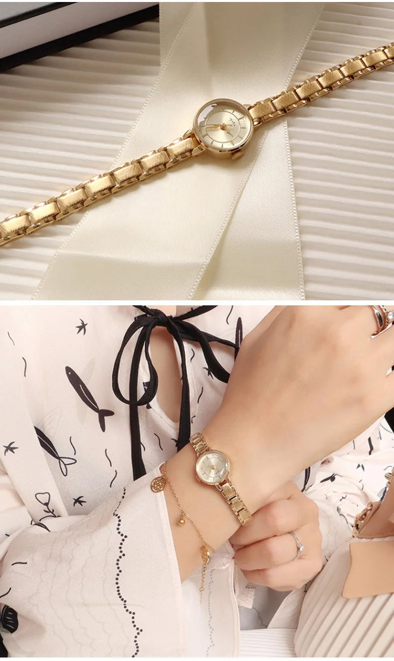 Women's Vintage Quartz Wristwatch — Gold & Silver Mesh Bracelet Band, Small Round Dial - - Watches
