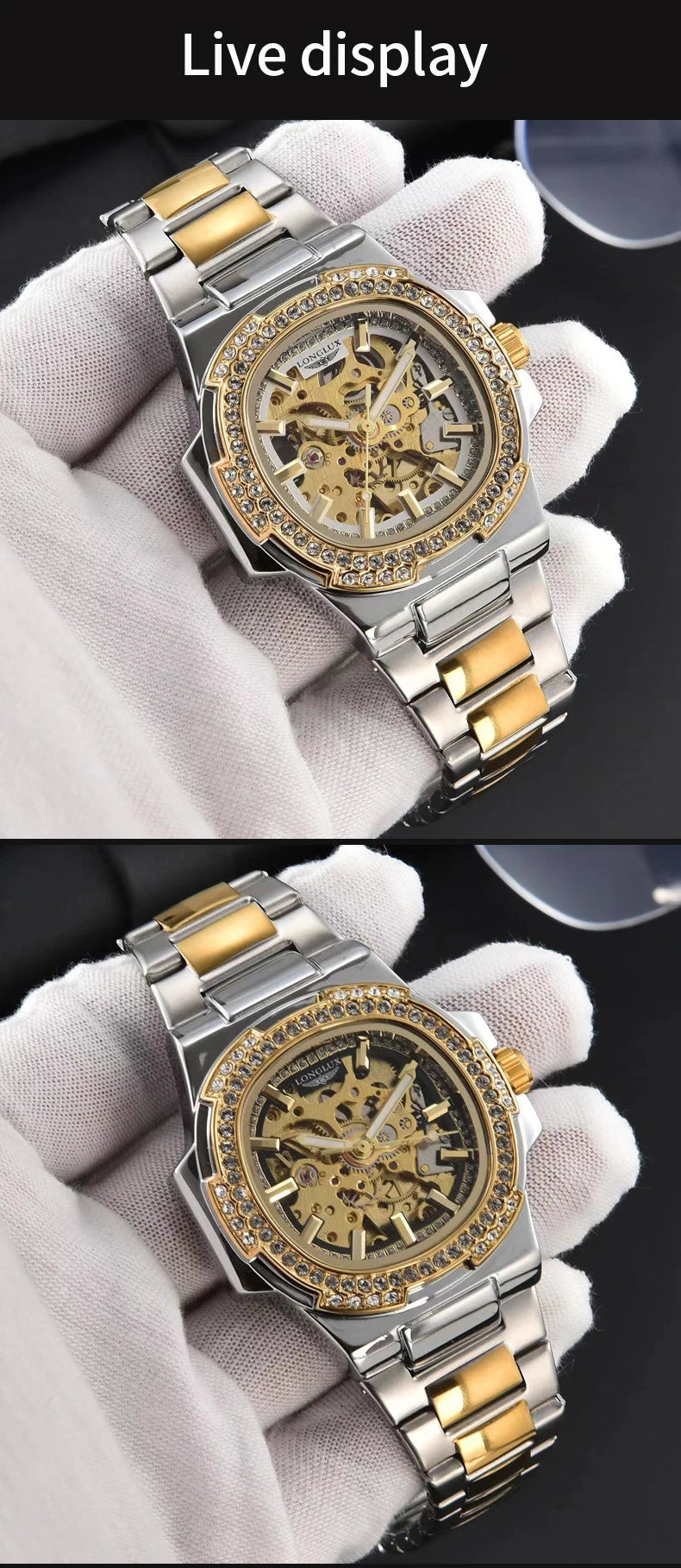 LONGLUX Luxury Skeleton Automatic Watch for Men — Diamond Dial, Stainless Steel, Waterproof - - Watches