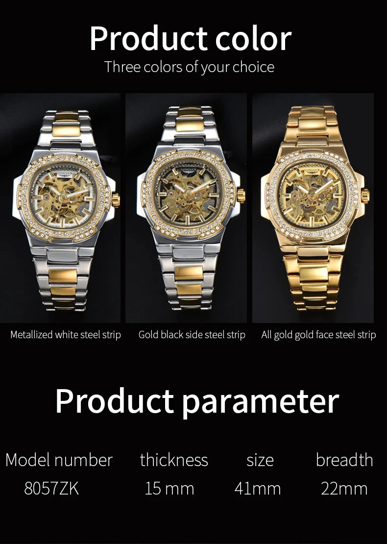 LONGLUX Luxury Skeleton Automatic Watch for Men — Diamond Dial, Stainless Steel, Waterproof - - Watches