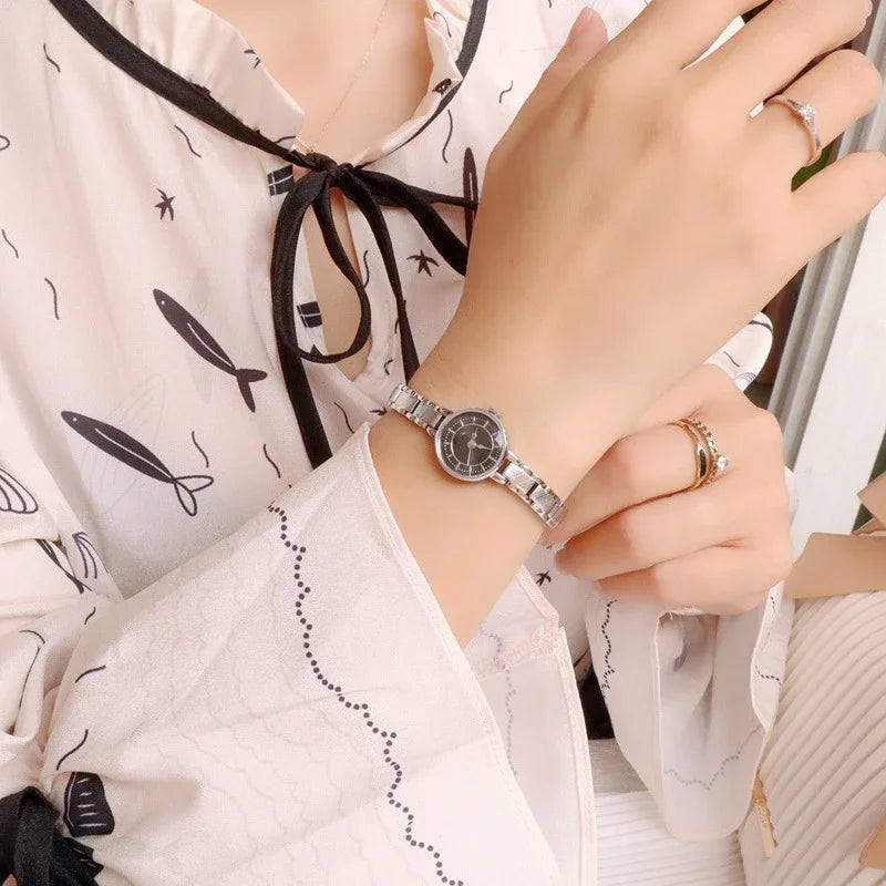 Women's Vintage Quartz Wristwatch — Gold & Silver Mesh Bracelet Band, Small Round Dial - - Watches