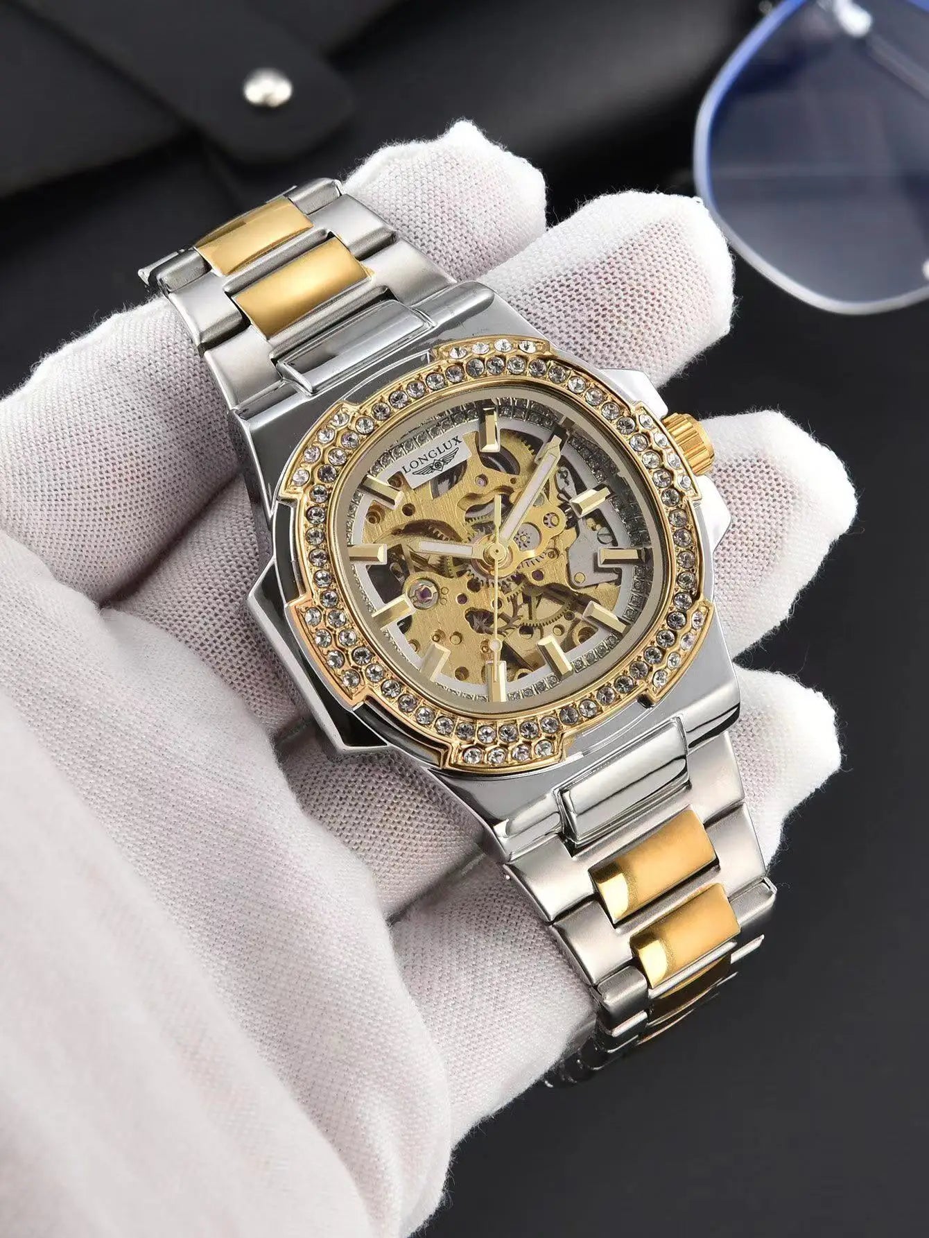 LONGLUX Luxury Skeleton Automatic Watch for Men — Diamond Dial, Stainless Steel, Waterproof - - Watches