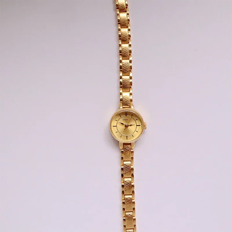 Women's Vintage Quartz Wristwatch — Gold & Silver Mesh Bracelet Band, Small Round Dial - Golden a - Watches