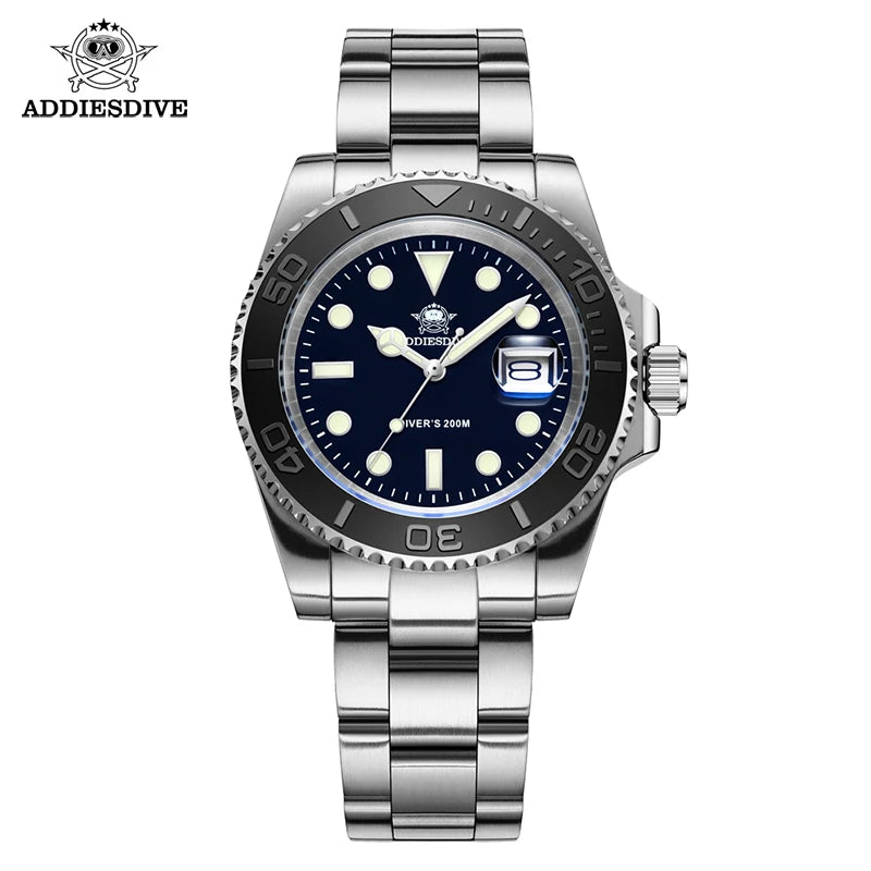ADDIESDIVE MY-H3C Luxury Diver Watch for Men — BGW9 Super Luminous, 200M, Stainless Steel - Black United States - Watches