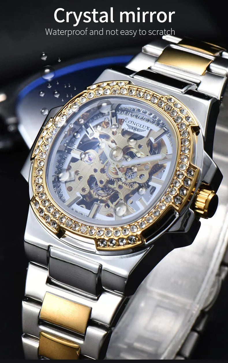 LONGLUX Luxury Skeleton Automatic Watch for Men — Diamond Dial, Stainless Steel, Waterproof - - Watches
