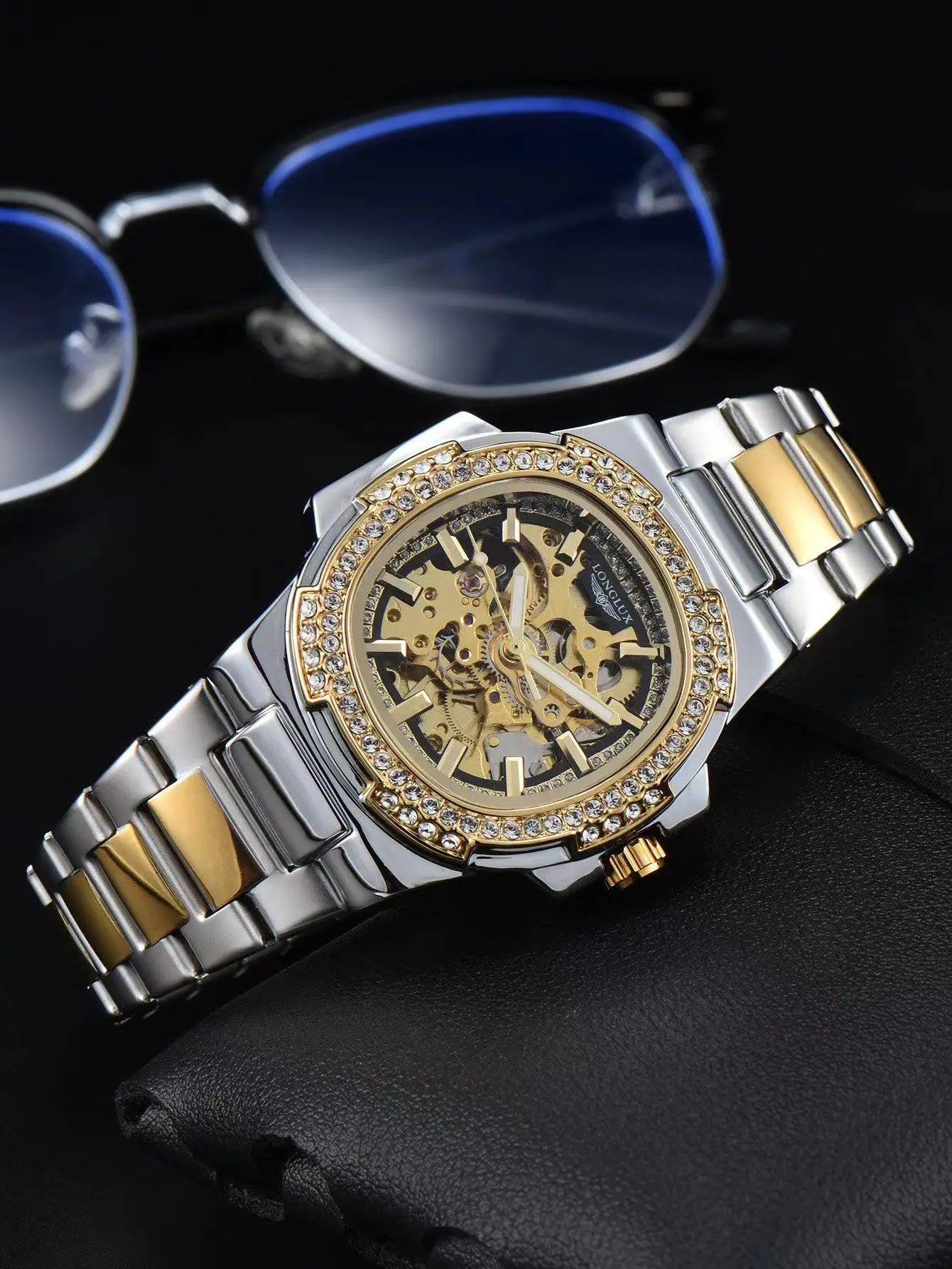LONGLUX Luxury Skeleton Automatic Watch for Men — Diamond Dial, Stainless Steel, Waterproof - - Watches