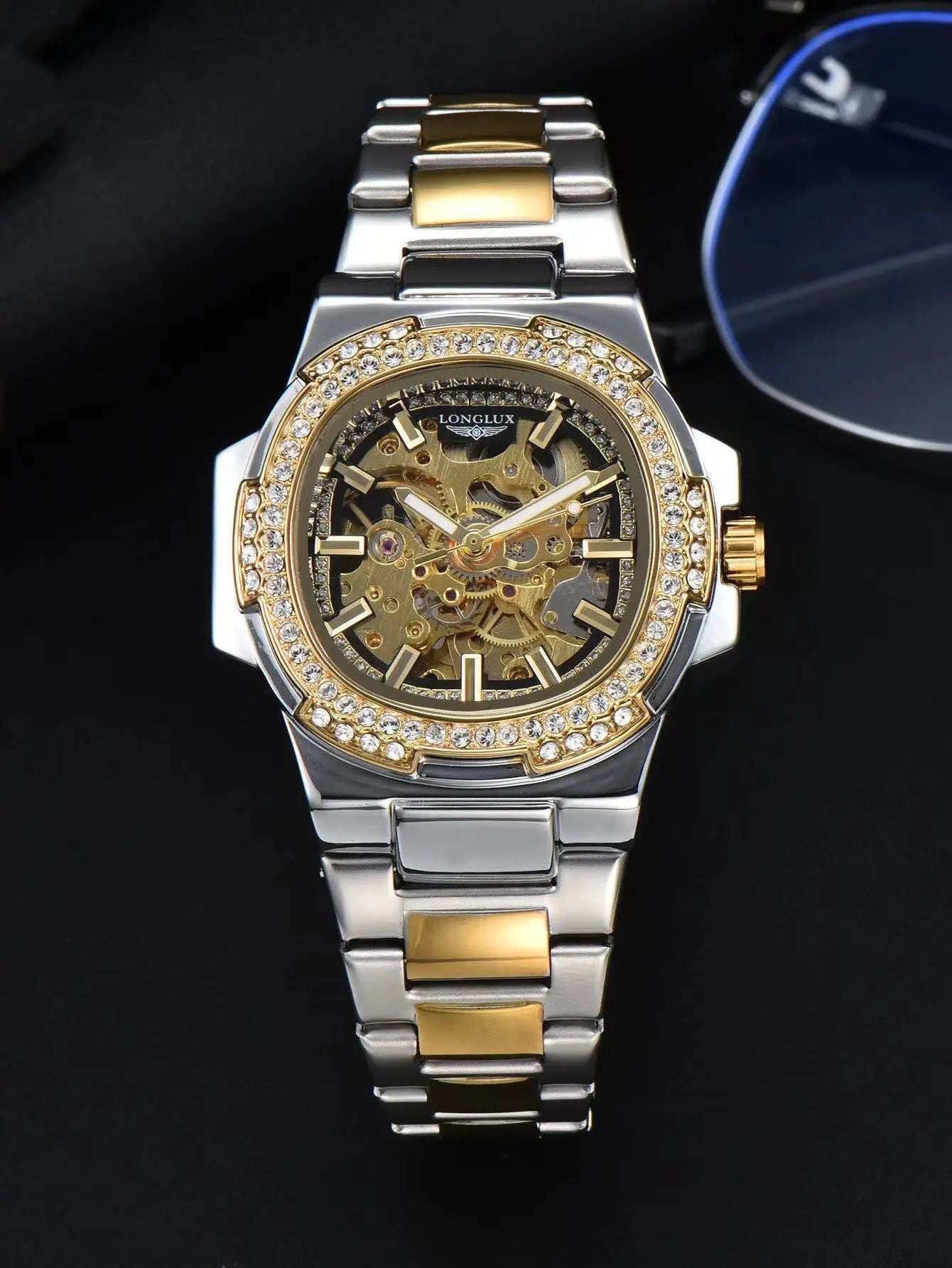 LONGLUX Luxury Skeleton Automatic Watch for Men — Diamond Dial, Stainless Steel, Waterproof - 8057ZK Gold black - Watches