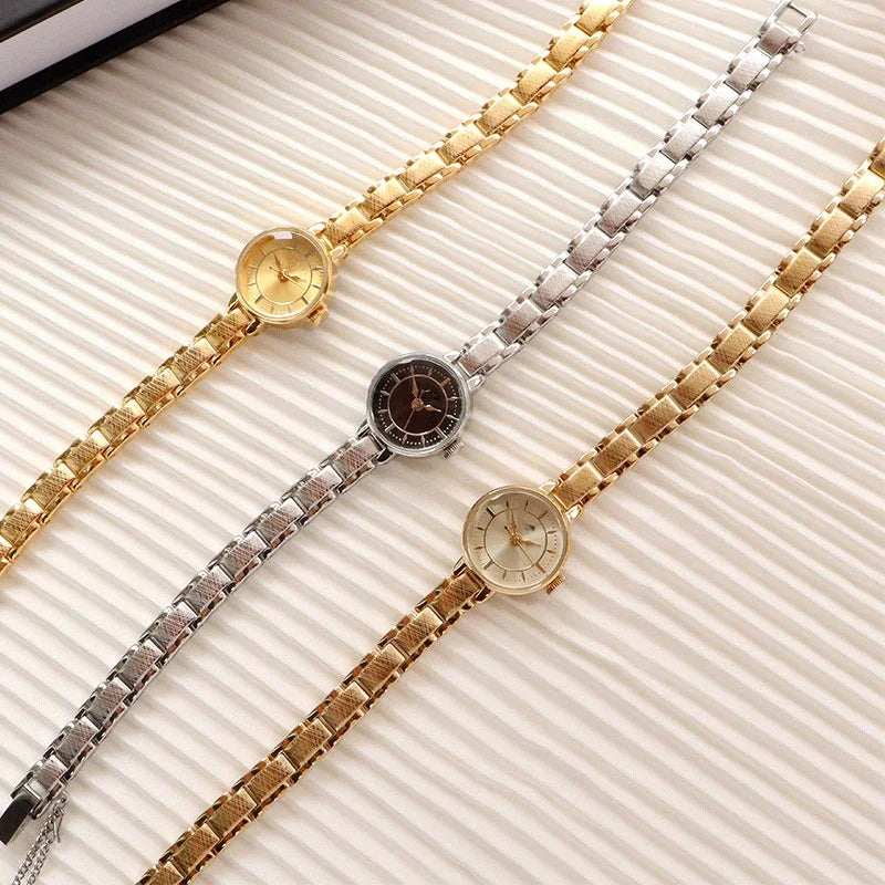 Women's Vintage Quartz Wristwatch — Gold & Silver Mesh Bracelet Band, Small Round Dial - - Watches