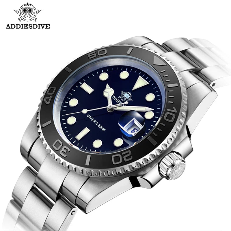 ADDIESDIVE MY-H3C Luxury Diver Watch for Men — BGW9 Super Luminous, 200M, Stainless Steel - - Watches
