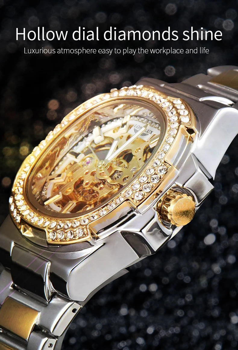 LONGLUX Luxury Skeleton Automatic Watch for Men — Diamond Dial, Stainless Steel, Waterproof - - Watches