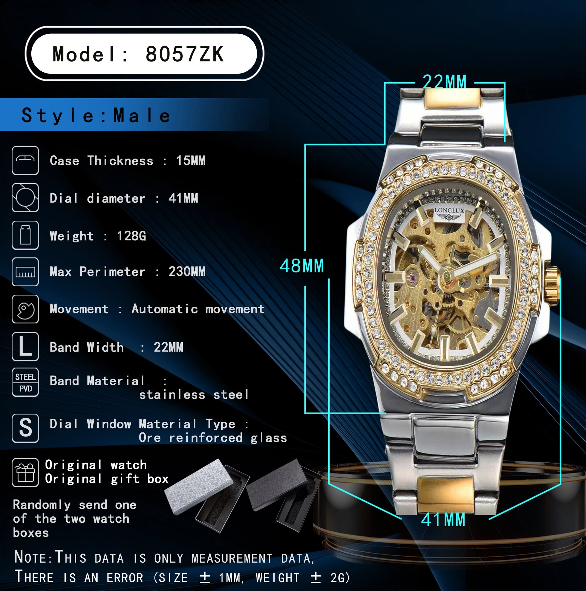 LONGLUX Luxury Skeleton Automatic Watch for Men — Diamond Dial, Stainless Steel, Waterproof - - Watches