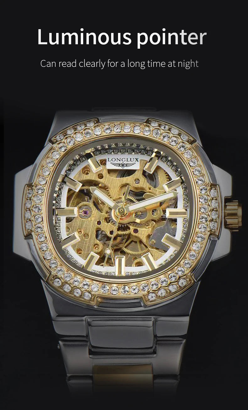 LONGLUX Luxury Skeleton Automatic Watch for Men — Diamond Dial, Stainless Steel, Waterproof - - Watches