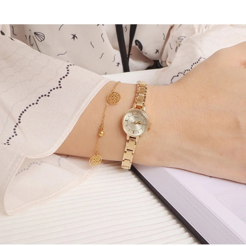 Women's Vintage Quartz Wristwatch — Gold & Silver Mesh Bracelet Band, Small Round Dial - - Watches