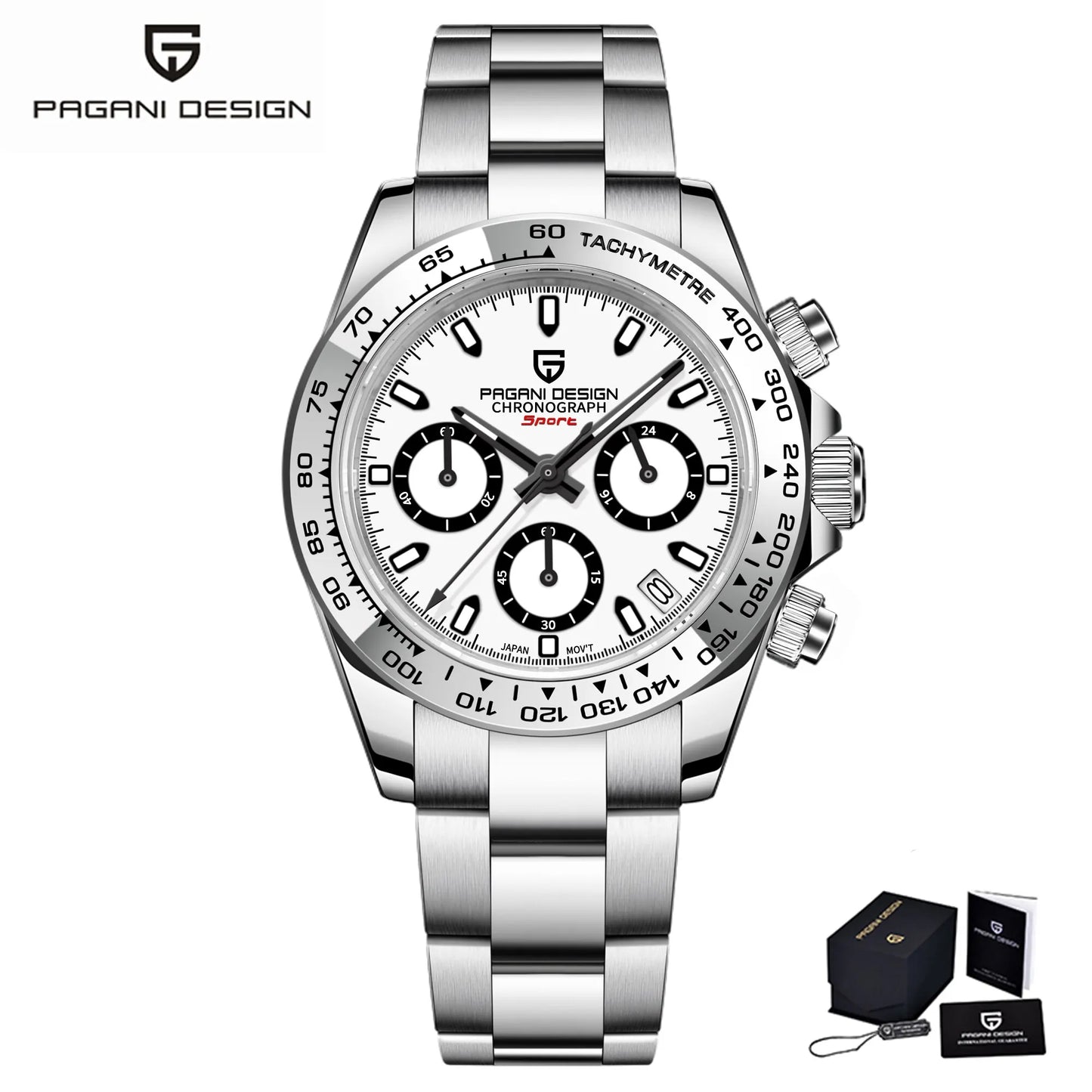 PAGANI DESIGN VK63 Luxury Chronograph Men's Watch — Sapphire Glass, Stainless Steel Bezel - WHITE - Watches
