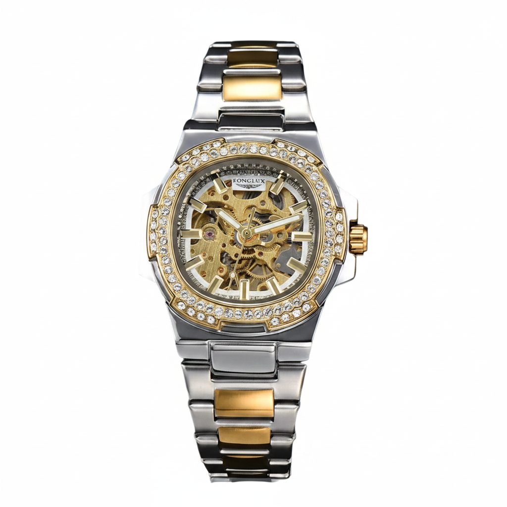LONGLUX Luxury Skeleton Automatic Watch for Men — Diamond Dial, Stainless Steel, Waterproof - - Watches