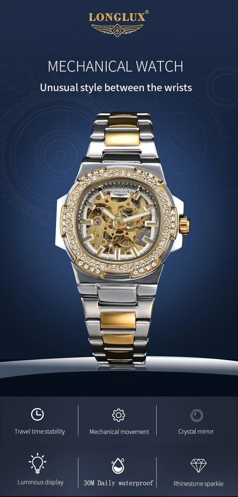 LONGLUX Luxury Skeleton Automatic Watch for Men — Diamond Dial, Stainless Steel, Waterproof - - Watches