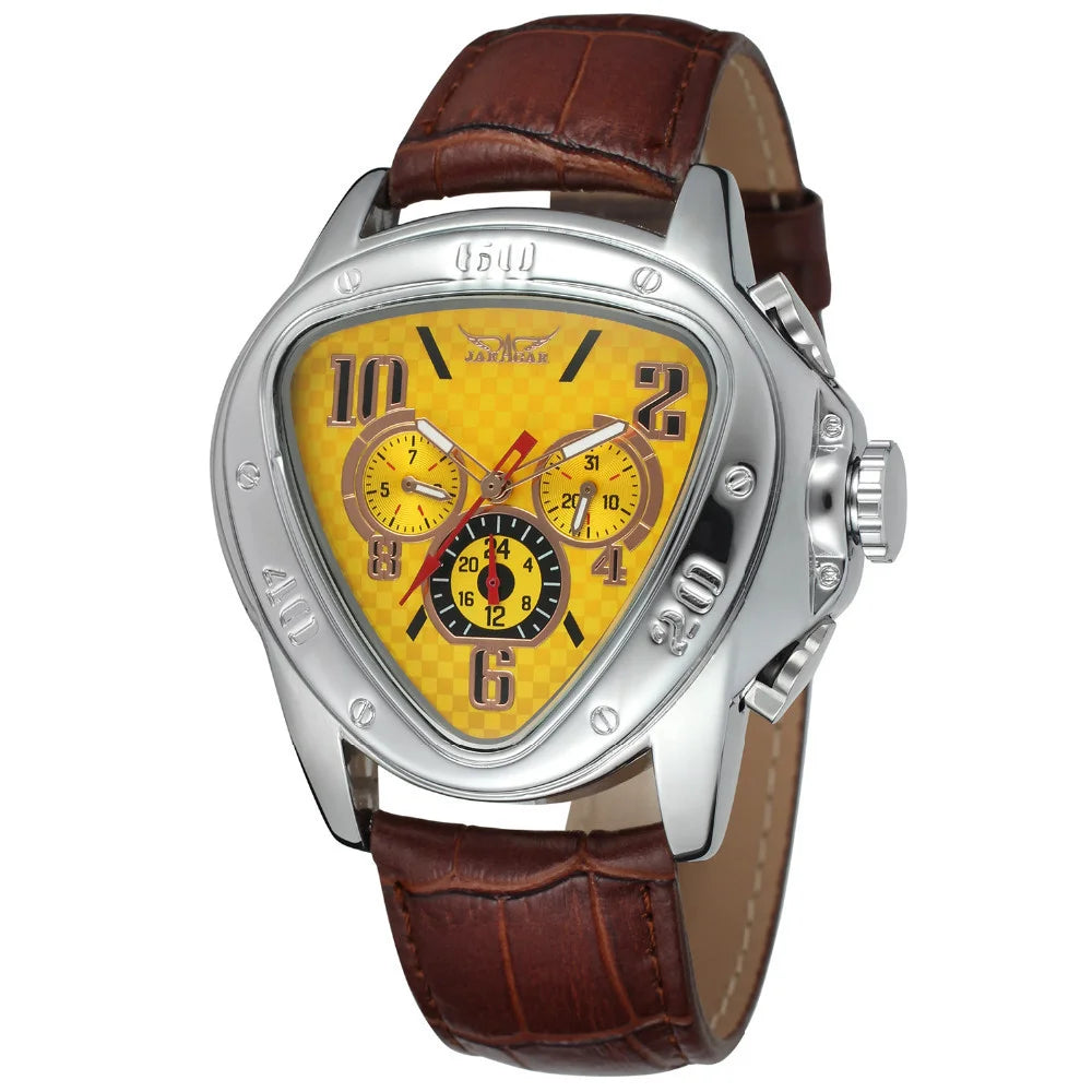 JARAGAR 951 Automatic Mechanical Watch for Men — Leather Strap, Three-Hand, Waterproof - Yellow - Watches