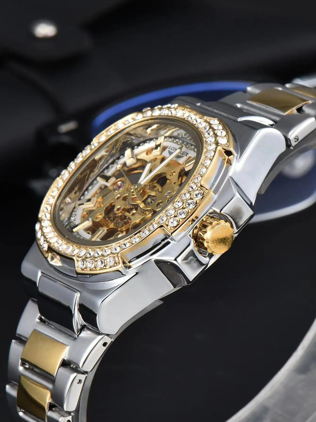 LONGLUX Luxury Skeleton Automatic Watch for Men — Diamond Dial, Stainless Steel, Waterproof - - Watches