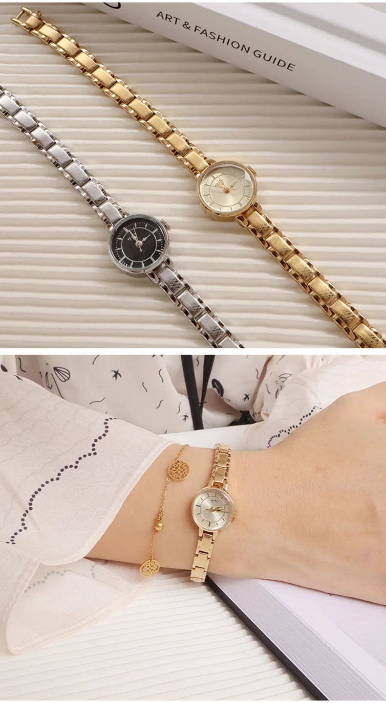 Women's Vintage Quartz Wristwatch — Gold & Silver Mesh Bracelet Band, Small Round Dial - - Watches