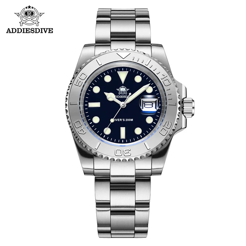 ADDIESDIVE MY-H3C Luxury Diver Watch for Men — BGW9 Super Luminous, 200M, Stainless Steel - Silver United States - Watches