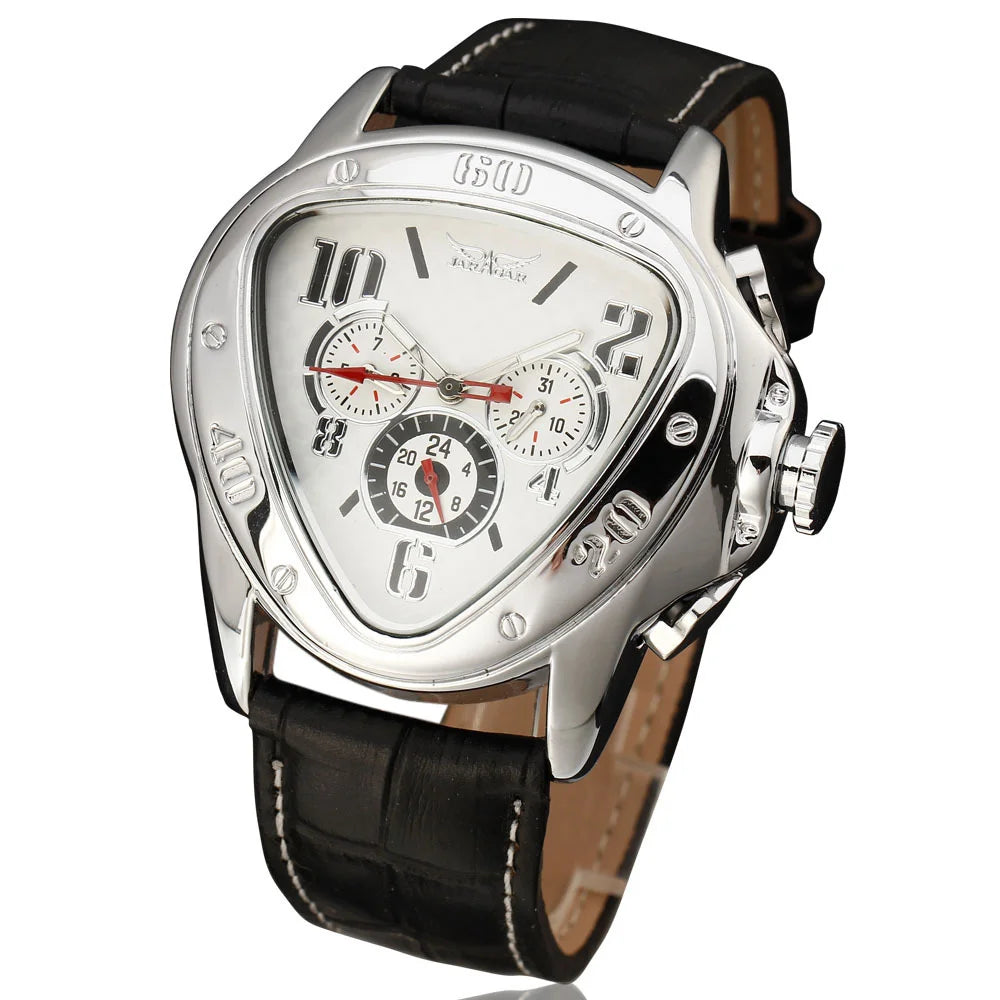 JARAGAR 951 Automatic Mechanical Watch for Men — Leather Strap, Three-Hand, Waterproof - White - Watches