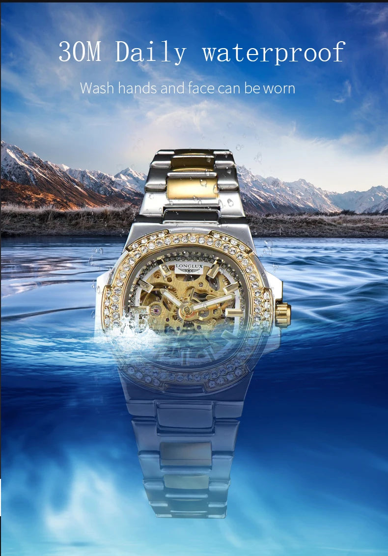 LONGLUX Luxury Skeleton Automatic Watch for Men — Diamond Dial, Stainless Steel, Waterproof - - Watches
