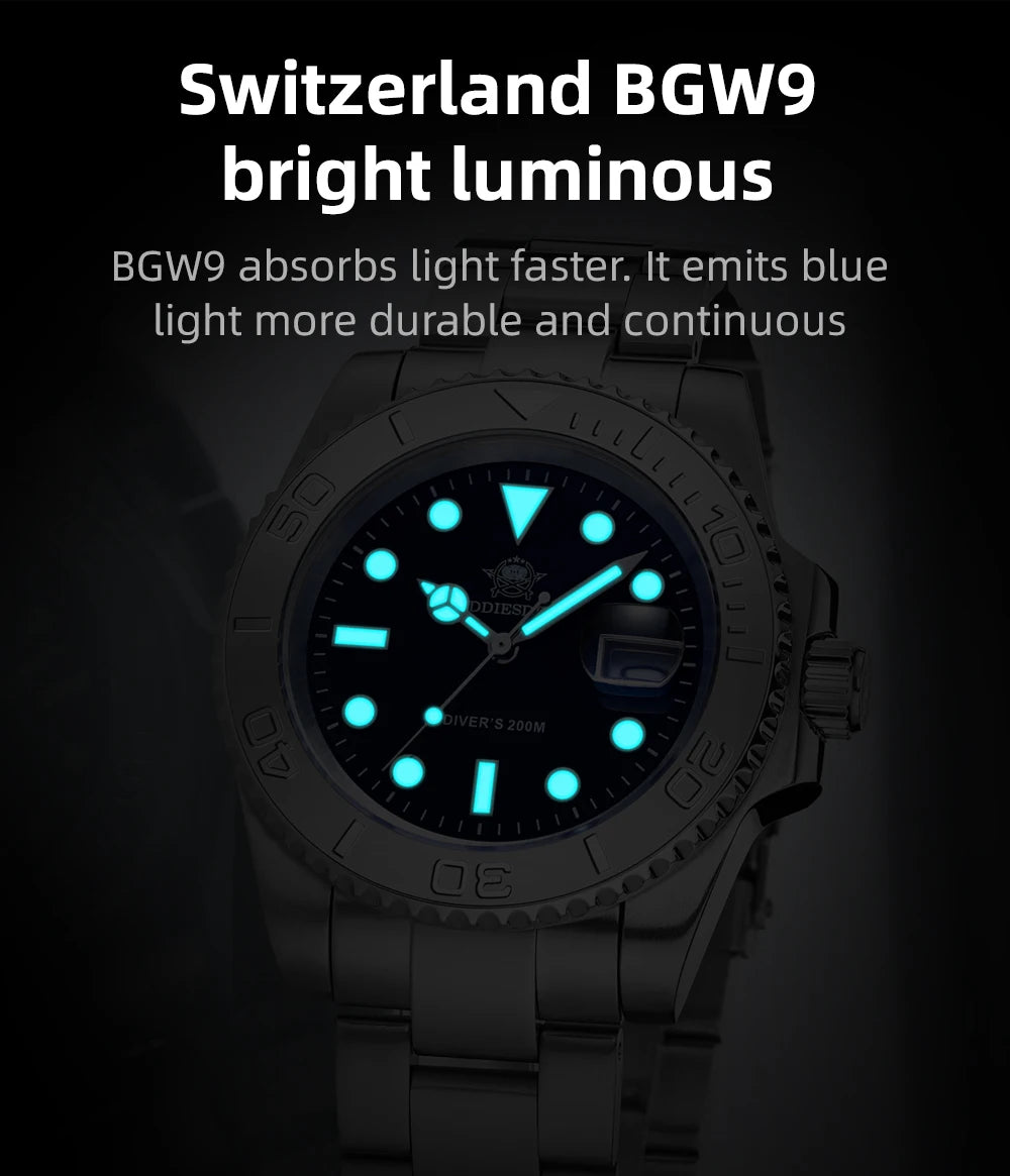 ADDIESDIVE MY-H3C Luxury Diver Watch for Men — BGW9 Super Luminous, 200M, Stainless Steel - - Watches