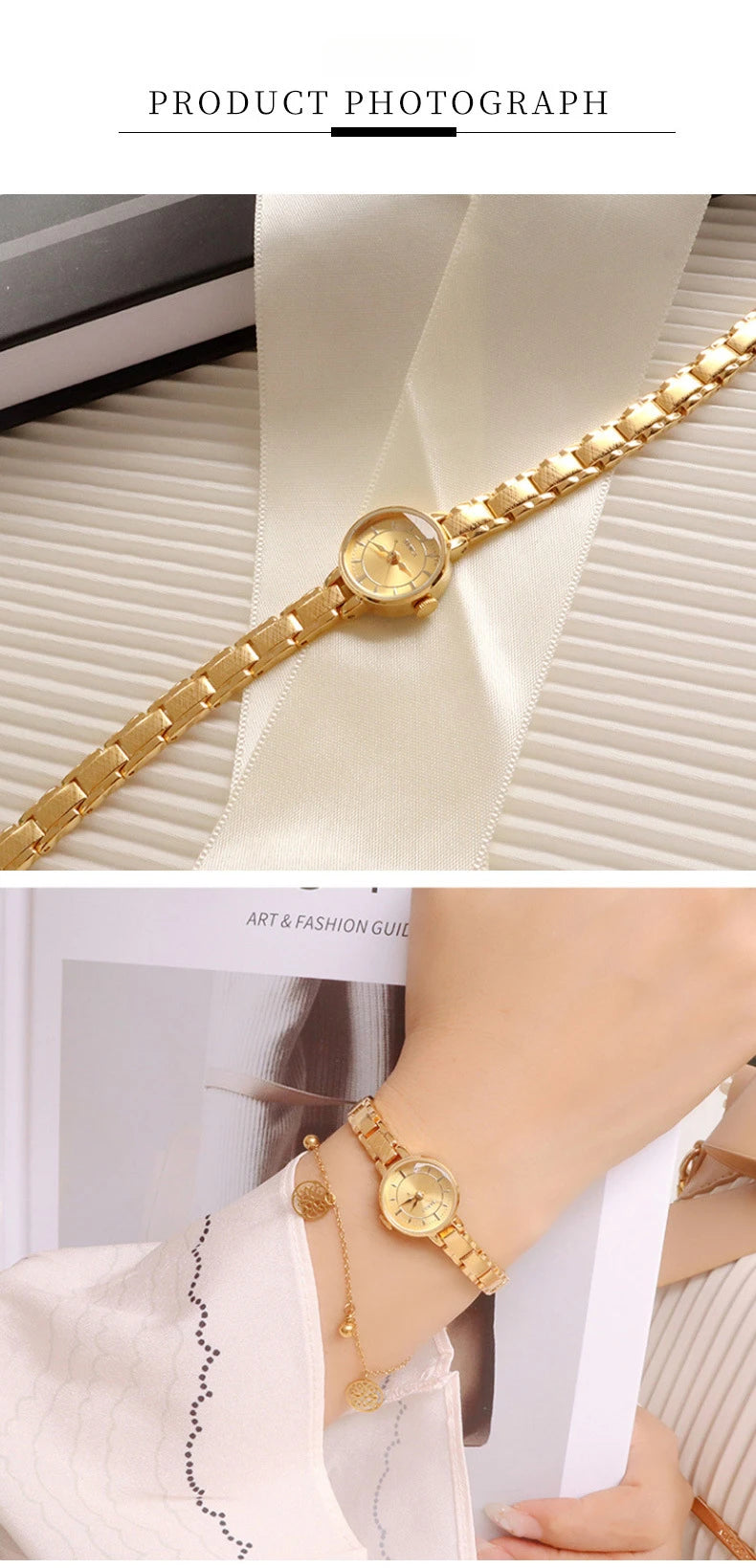 Women's Vintage Quartz Wristwatch — Gold & Silver Mesh Bracelet Band, Small Round Dial - - Watches
