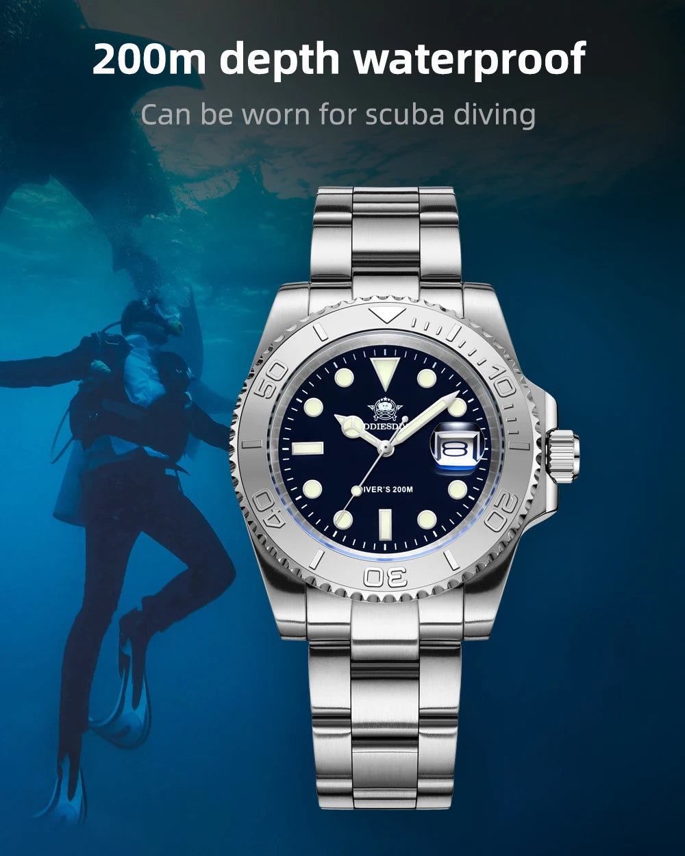 ADDIESDIVE MY-H3C Luxury Diver Watch for Men — BGW9 Super Luminous, 200M, Stainless Steel - - Watches